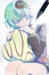  1girl art_tools_in_frame bow brown_bow brown_shirt candle_no_kaori_wa_omoide_to_tomo_ni_(project_sekai) commentary graphite_(medium) green_bow green_hair hair_bow hair_ornament heart heart_pillow highres holding holding_pillow kusanagi_nene long_sleeves looking_at_viewer marker_(medium) mechanical_pencil open_mouth pato_(ptro) pencil pillow project_sekai puffy_long_sleeves puffy_sleeves purple_eyes shirt short_hair solo traditional_media 