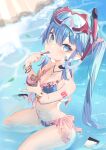  1girl absurdres arm_tattoo beach bikini black_footwear blue_eyes blue_hair bracelet breasts cleavage collarbone commentary_request eating eyewear_on_head food frilled_bikini frills goggles goggles_on_head gold_bracelet hatsune_miku highres hiiragi_ken ice_cream jewelry leaf long_hair multicolored_bikini multicolored_clothes multiple_bracelets navel necklace number_tattoo partial_commentary partially_submerged plaid plaid_bikini sandals shore side-tie_bikini_bottom sitting small_breasts snorkel solo swimsuit tattoo twintails vocaloid wariza water wet 