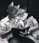  absurd_res anthro black_and_white book claws clothing cuddling dress_shirt duo eyewear felid feline gentleman glasses hi_res lackadaisy male male/male mammal monochrome mordecai_heller necktie old_timey reading reading_book rocky_rickaby scar shirt topwear webcomic yuu-chan 