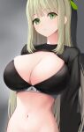  1girl absurdres aoi_riko black_bra blonde_hair blue_archive blush bra breasts cleavage green_eyes grey_background halo highres large_breasts long_hair long_sleeves looking_at_viewer nonomi_(blue_archive) official_alternate_costume parted_lips shadow shrug_(clothing) simple_background solo underwear upper_body very_long_hair 
