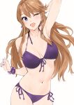  1girl ahoge arm_behind_head arm_up bare_shoulders bikini blue_eyes breasts brown_hair cleavage collarbone cowboy_shot earrings front-tie_bikini_top front-tie_top goshiki_suzu hand_up highres idolmaster idolmaster_million_live! idolmaster_million_live!_theater_days jewelry large_breasts long_hair looking_at_viewer multiple_bracelets navel one_eye_closed open_mouth purple_bikini purple_bracelet purple_nails side-tie_bikini_bottom simple_background smile solo standing swept_bangs swimsuit tokoro_megumi white_background 