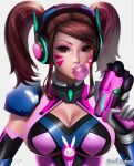  1girl alternate_costume breasts brown_eyes brown_hair bubble_blowing chewing_gum cleavage cleavage_cutout clothing_cutout d.va_(overwatch) facepaint finger_on_trigger gun handgun headset highres large_breasts michelle_hoefener overwatch paid_reward_available pinup_(style) signature twintails upper_body weapon 