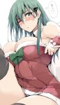  1girl black_thighhighs breasts cleavage detached_sleeves dress fur_trim green_eyes green_hair hair_between_eyes hair_ornament highres kantai_collection large_breasts long_hair official_alternate_costume one_eye_closed panties pantyshot parted_lips red_dress santa_costume short_dress simple_background suzuya_(kancolle) sweat thighhighs translation_request underwear white_background zekkyon 