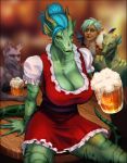  absurd_res alcohol anthro beer beverage blue_hair breasts claws clothed clothing costume cybernetics cyborg diana_digma dragon facial_horn female green_body green_eyes green_scales group hair hi_res horn looking_at_viewer machine orange_eyes scales smile solo xestrago 