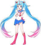  1girl bishoujo_senshi_sailor_moon blue_eyes blue_hair blue_sailor_collar blue_skirt boots bow bowtie choker cosplay crescent crossover cure_sky double_bun earrings elbow_gloves full_body gloves hair_bun hair_ornament highres himawarin5ame0 hirogaru_sky!_precure jewelry knee_boots long_hair looking_at_viewer multicolored_hair parody pink_bow pink_bowtie pink_footwear pink_hair pleated_skirt precure sailor_collar sailor_moon sailor_moon_(cosplay) sailor_senshi_uniform simple_background skirt solo style_parody tsuki_ni_kawatte_oshioki_yo twintails white_background white_gloves 