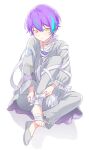  1boy aged_down bandaged_foot bandages blue_hair bow closed_mouth commentary english_commentary full_body grey_footwear grey_pants kamishiro_rui long_sleeves looking_at_viewer male_focus multicolored_hair pants patchwork_clothes project_sekai purple_hair sekai_yoni short_hair sitting solo streaked_hair two-tone_hair white_background yellow_eyes 