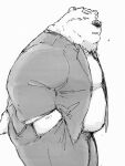  2023 anthro bear belly big_belly bottomwear clothing hi_res kemono male mammal overweight overweight_male pants pommn_mn shirt simple_background solo topwear 