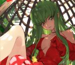  1girl bare_shoulders breasts c.c. cleavage clothing_cutout code_geass creayus day dress green_hair hair_between_eyes hanging_chair knees_up long_hair looking_at_viewer open_mouth plant red_dress shoulder_blades solo spaghetti_strap straight_hair very_long_hair yellow_eyes 