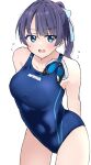  1girl blue_eyes blue_hair blue_one-piece_swimsuit blush breasts collarbone covered_navel goggles goggles_removed hair_ribbon highres link!_like!_love_live! liz_(piyoko_piyop) long_hair looking_at_viewer love_live! medium_breasts mole mole_on_neck murano_sayaka one-piece_swimsuit open_mouth ponytail ribbon school_swimsuit solo swimsuit v-shaped_eyebrows white_background white_ribbon 