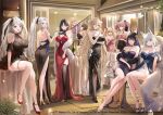  6+girls alternate_costume animal_ears anniversary attilio_regolo_(azur_lane) azur_lane baltimore_(azur_lane) bare_back bare_shoulders black_dress black_footwear black_hair black_thighhighs blonde_hair bluecher_(azur_lane) breasts bremerton_(azur_lane) cake champagne_flute cleavage closed_mouth cup dress drinking_glass evening_gown food fox_ears fox_girl grey_hair high_heels implacable_(azur_lane) large_breasts lillly logo looking_at_viewer multiple_girls musashi_(azur_lane) official_art open_mouth pink_hair prinz_eugen_(azur_lane) red_footwear see-through see-through_dress shinano_(azur_lane) side_slit sitting sitting_on_table smile stairs standing thighhighs ting_an_(azur_lane) white_thighhighs yorktown_(azur_lane) 