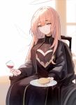  1girl alcohol arknights black_dress bread breasts cleavage cleavage_cutout closed_mouth clothing_cutout cup detached_wings dress drinking_glass elsi energy_wings expressionless food halo highres holding holding_cup holding_plate lemuen_(arknights) long_hair long_sleeves medium_breasts open_clothes pink_eyes pink_hair plate sitting solo wheelchair wine wine_glass wings 