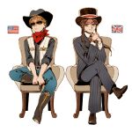  1boy 1girl american_flag boots cowboy cowboy_hat hat highres nanimonothing original pinstripe_pattern pinstripe_suit scarf shoes striped suit sunglasses top_hat union_jack 