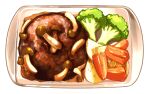  absurdres broccoli food food_focus hamburger_steak highres meat mushroom no_humans oikawa_2301 original plate shadow simple_background still_life white_background 