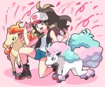 1girl :d antenna_hair bare_arms black_vest boots brown_hair commentary_request eyelashes galarian_ponyta green_eyes hand_on_headwear hands_up hat highres hilda_(pokemon) holding holding_poke_ball long_hair on_one_knee open_clothes open_mouth open_vest pink_background poke_ball poke_ball_(basic) pokemon pokemon_(creature) pokemon_(game) pokemon_bw ponyta shirt shorts sidelocks smile socks sutokame tongue vest w_arms white_headwear white_shirt 