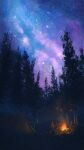  1boy 1girl absurdres adobe blue_sky campfire camping camping_chair faceless faceless_female faceless_male forest grass highres nature night night_sky original pochi_(poti1990) purple_sky scenery sky star_(sky) starry_sky tent tree 