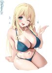  atago_(kancolle) bikini blonde_hair blue_bikini blue_eyes breasts cleavage collarbone cowboy_shot ebifurya highres kantai_collection large_breasts long_hair navel one-hour_drawing_challenge one_eye_closed open_mouth smile solo stomach swimsuit thighs twitter_username white_background 