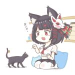  1girl animal animal_ear_fluff animal_ears ascot azur_lane bell black_cat black_hair black_sailor_collar black_skirt blush_stickers cat chibi commentary_request crop_top cropped_shirt full_body hair_ribbon himajin_(fd_jin) jingle_bell looking_at_animal mask mask_on_head midriff miniskirt mismatched_eyebrows navel official_alternate_costume open_mouth paw_pose pleated_skirt red_ascot red_eyes red_ribbon ribbon sailor_collar school_uniform seiza serafuku shirt short_hair short_sleeves sitting skirt smile solo tail tail_bell tail_ornament tail_ribbon thighhighs tress_ribbon white_background white_shirt white_thighhighs yamashiro_(azur_lane) yamashiro_(street_corner_offensive!)_(azur_lane) 