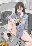  1girl arm_support bed brown_eyes brown_hair can cellphone chopsticks collarbone curtains fuku_(fuku12290574) highres holding holding_can instant_ramen long_hair naked_shirt on_floor original phone shirt sitting smartphone solo speech_bubble white_shirt 