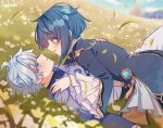  2boys absurdres ahoge artist_name asymmetrical_hair blue_coat blue_eyes blue_hair blue_sky blunt_bangs blurry blurry_background blush bright_pupils brown_eyes chinese_clothes chongyun_(genshin_impact) cloud coat colored_eyelashes day earrings eye_contact eyelashes field flower frilled_sleeves frills genshin_impact gold_trim grass hair_between_eyes highres hood hood_down hoodie jewelry long_sleeves looking_at_another lying male_focus multiple_boys on_back on_grass open_mouth outdoors parted_lips profile short_hair sidelocks sky smile tassel tassel_earrings tree tsukiaki_teriyaki vision_(genshin_impact) white_flower white_hoodie white_pupils wide_sleeves xingqiu_(genshin_impact) yaoi yellow_flower 