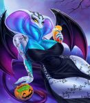  alcoholic_drink anthro big_breasts breasts clothing cosplay dress female food fruit gradient_body hi_res narrowed_eyes night non-mammal_breasts otorize plant pumpkin reptile scales scalie snake snake_hood solo tail teal_scales turquoise_body white_body white_scales wings yellow_eyes 