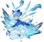  1girl absurdres blue_eyes blue_hair cirno detached_wings fairy full_body hair_between_eyes highres ice ice_wings outstretched_arms second-party_source short_hair solo touhou transparent_background u_u_zan wings 