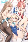 3girls animal_ears ass asuna_(blue_archive) bare_shoulders blonde_hair blue_eyes blue_leotard comiket_102 elbow_gloves fake_animal_ears gloves highres leotard long_hair looking_at_viewer multiple_girls neru_(blue_archive) pantyhose playboy_bunny rabbit_ears red_eyes red_hair smile sune_(mugendai) thighband_pantyhose thighs toki_(blue_archive) white_gloves wrist_cuffs 