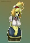  animal_crossing anthro big_breasts black_nose blouse bottomwear breasts brown_eyes canid canine canis ceyemeka clothing domestic_dog female female_anthro fur green_lipstick hi_res isabelle_(animal_crossing) legwear lipstick makeup mammal nintendo secretary shih_tzu skirt smile solo stockings topwear toy_dog yellow_body yellow_fur 