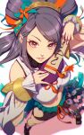  1girl aduti_momoyama bead_necklace beads breasts fire_emblem fire_emblem_fates fire_emblem_heroes foreshortening hand_fan highres jewelry legs long_hair long_sleeves looking_at_viewer midriff navel necklace official_alternate_costume orochi_(fire_emblem) orochi_(winds_offered)_(fire_emblem) parted_lips perspective pinwheel_hair_ornament purple_eyes purple_hair smile solo 