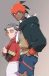  2boys black_hoodie closed_mouth commentary_request dark-skinned_male dark_skin earrings from_side green_eyes grey_hair half-closed_eyes hand_in_pocket headband highres holding holding_towel hood hood_down hoodie jewelry kabu_(pokemon) looking_back male_focus multiple_boys nyoripoke orange_headband pokemon pokemon_(game) pokemon_swsh raihan_(pokemon) red_shirt shirt short_hair shorts side_slit side_slit_shorts smile towel towel_around_neck undershirt white_shorts 