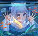  1girl absurdres against_glass animal_ears blue_eyes blue_hair blue_hoodie blunt_bangs cat_ears cet_(hajisirazunoko) ebi-chan_(gawr_gura) fins fish_tail fish_tank gawr_gura gawr_gura_(1st_costume) grey_hair hair_ornament highres hololive hololive_english hood hoodie looking_at_viewer multicolored_hair open_mouth shark_girl shark_hair_ornament shark_tail sidelocks solo streaked_hair tail two_side_up virtual_youtuber 