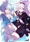  2girls :3 a.r.o.n.a_(blue_archive) arona_(blue_archive) black_choker black_coat black_eyes black_footwear black_hairband black_pantyhose black_sailor_collar black_serafuku black_skirt blue_archive blue_eyes blue_hair blue_halo blue_pupils blue_serafuku border braid choker closed_mouth coat collarbone colored_inner_hair commentary eyes_visible_through_hair feet_out_of_frame hair_over_one_eye hair_ribbon hairband halo hand_up highres jumping loafers long_hair long_sleeves looking_at_viewer midriff multicolored_hair multiple_girls neckerchief open_mouth outside_border pantyhose pink_hair pleated_skirt reaching_towards_viewer red_halo red_pupils ribbon sailor_collar school_uniform serafuku shoes short_hair sidelocks single_braid skirt sneakers teeth two-tone_hair umidemi upper_teeth_only white_border white_choker white_footwear white_hair white_hairband white_neckerchief white_ribbon white_sailor_collar white_skirt 