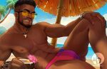  1boy abs ass_visible_through_thighs baptiste_(overwatch) bara beach beard bisexual_flag_print blue_sky bulge coconut dark-skinned_male dark_skin facial_hair feet_out_of_frame holding jewelry large_pectorals looking_at_viewer lying male_focus male_swimwear mature_male momo-deary muscular muscular_male navel navel_hair necklace nipples ocean on_side overwatch overwatch_2 pectorals pink_male_swimwear pride_month print_male_swimwear purple_male_swimwear sand short_hair sky smile solo sunglasses swim_briefs thick_lips tooth_necklace 