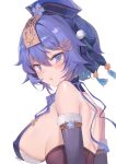  1girl bare_shoulders blue_eyes blush breast_curtains breasts covered_nipples detached_sleeves drooling from_side hair_between_eyes hair_ornament hat highres large_breasts looking_at_viewer mouth_drool ofuda original parted_lips purple_hair short_hair simple_background solo tassel upper_body white_background you_guo_chaocai 