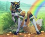  2023 4_toes 5_fingers african_wild_dog anthro breasts canid canine clothed clothing day detailed_background digital_media_(artwork) feet female fingers grass green_eyes imanika looking_at_viewer mammal outside plant sky smile toes 