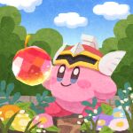  apple blue_eyes blue_flower blush_stickers bush closed_mouth flower food fruit gem gem_apple highres holding holding_gem kirby kirby_(series) miclot no_humans outdoors pink_footwear purple_flower shoes smile sword_hero team_kirby_clash_deluxe white_flower yellow_flower 