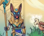  1boy armor bone bush colored_sclera dog_boy fangs furry furry_male gold_armor green_sclera holding holding_bone holding_staff league_of_legends multicolored_background nasus outdoors phantom_ix_row solo_focus staff teeth tongue tongue_out 