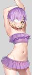  .live 1girl armpits arms_up blush breasts character_request collarbone commentary_request eyepatch groin hcstyrus_ii highres looking_at_viewer multicolored_hair navel open_mouth purple_hair simple_background small_breasts solo swept_bangs swimsuit two-tone_hair virtual_youtuber white_background 