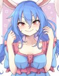  1girl animal_ears blue_hair breasts closed_mouth collarbone commentary_request hair_between_eyes highres looking_at_viewer low_twintails neko_mata purple_background rabbit_ears rabbit_girl red_eyes seiran_(touhou) short_sleeves smile solo touhou twintails upper_body 