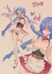  1girl :d absurdres apron arm_tattoo belt black_panties blue_hair blush bow bowtie breasts brown_background brown_belt cafin character_name cloud_tattoo frilled_skirt frills highres jinx_(league_of_legends) league_of_legends long_hair maid_headdress miniskirt multiple_views panties pink_skirt puffy_short_sleeves puffy_sleeves red_bow red_bowtie red_eyes red_footwear ribbon-trimmed_legwear ribbon_trim shoes short_sleeves simple_background skirt small_breasts smile tattoo thighhighs underwear waist_apron white_thighhighs 