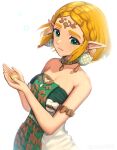  1girl blonde_hair braid breasts closed_mouth collarbone commentary crown_braid dress earrings facial_mark gonzarez green_dress green_eyes highres jewelry medium_breasts pointy_ears princess_zelda short_hair simple_background solo strapless strapless_dress teardrop_facial_mark the_legend_of_zelda the_legend_of_zelda:_tears_of_the_kingdom two-tone_dress white_background 