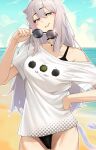  1girl animal_ears beach bikini bikini_under_clothes black-framed_eyewear black_bikini blue_sky breasts cloud eyewear_removed grey_eyes grey_hair hand_on_own_hip holding holding_removed_eyewear hololive large_breasts lion_ears lion_girl lion_tail long_hair looking_at_viewer sand shirt shishiro_botan shishiro_botan_(4th_costume) sky smile sunglasses swimsuit tail tamamoice virtual_youtuber water white_shirt 