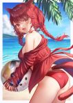  1girl animal_ears ball beach beachball bikini braid cat_ears cat_girl cat_tail commission facial_mark final_fantasy final_fantasy_xiv highres jacket long_hair lulinco miqo&#039;te open_clothes open_jacket open_mouth original red_bikini red_eyes red_hair red_jacket skeb_commission smile solo swimsuit tail twin_braids whisker_markings 