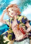  1boy abs belt blonde_hair cup eyewear_on_head fang glasses grey_eyes highres holding holding_cup leaf_print long_hair maple_leaf_print muscular muscular_male navel nndecc open_clothes open_mouth open_shirt pants sano_manjirou shirt solo stomach sunglasses tokyo_revengers yellow_shirt 
