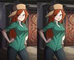  1girl absurdres animification breasts english_commentary flannel freckles fur_hat gravity_falls green_eyes hands_on_hips hat highres indoors long_hair looking_at_viewer medium_breasts open_mouth patrickdja red_hair shirt sleeves_rolled_up standing ushanka wendy_corduroy 