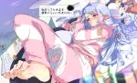  1girl :t alternate_costume averting_eyes barefoot blue_archive blue_hair blurry blurry_background blush cat_pillow depth_of_field ear_blush hair_spread_out highres hugging_object indoors long_hair lying mine_(blue_archive) multicolored_hair nose_blush on_back pajamas pillow pillow_hug pink_hair pointy_ears soles solo speech_bubble squiggle streaked_hair striped striped_pajamas sweat toes two-tone_pajamas very_long_hair yamabuki_ryuu 