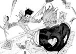  2boys atie1225 backpack bag black_hair card crossed_arms fighting from_behind gon_freecss heart highres hisoka_morow holding holding_card hunter_x_hunter jumping looking_at_another male_focus monochrome multiple_boys sketch split v white_background 