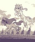  2girls animal_ears braided_tail brown_eyes brown_hair brown_thoroughbred_(kemono_friends) cutie_mark dark-skinned_female dark_skin furrification furry highres hooves horse horse_ears horse_tail japari_symbol kemono_friends kemono_friends_3 long_hair looking_at_viewer multiple_girls my_little_pony my_little_pony:_friendship_is_magic pink_leg_warmers smile species_connection tail toki_reatle white_hair white_thoroughbred_(kemono_friends) 