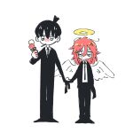  2boys amputee angel angel_devil_(chainsaw_man) angel_wings armless_amputee black_footwear black_hair black_jacket black_necktie black_pants brown_hair chainsaw_man chibi cigarette collared_shirt double_amputee food halo hayakawa_aki highres holding holding_food holding_ice_cream ice_cream jacket kumanooppo looking_at_viewer medium_hair multiple_boys necktie pants shirt shirt_tucked_in short_hair simple_background sleeves_tied_together suit suit_jacket topknot white_background white_shirt wings 
