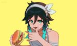  1boy alternate_costume androgynous aqua_hair black_hair braid burger choker crossdressing doggy_exe eating food genshin_impact gradient_hair green_eyes headband highres holding holding_food ketchup looking_at_viewer male_focus multicolored_hair open_mouth orange_choker otoko_no_ko shirt short_hair_with_long_locks short_sleeves side_braids smile twin_braids venti_(genshin_impact) white_headband white_shirt yellow_background 