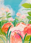  1other animal_focus artist_name blue_sky blush cat closed_eyes cloud cloudy_sky flower gouache_(medium) highres leaf minimized no_humans on_flower open_mouth original outdoors painting_(medium) pink_flower procreate_(medium) red_flower sky sleeping titsay traditional_media 